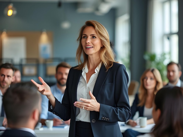 Photo professional woman speaking at a business workshop to colleagues