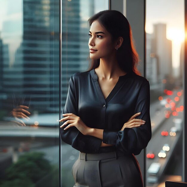 Professional Woman Standing by Window in WellLit Office