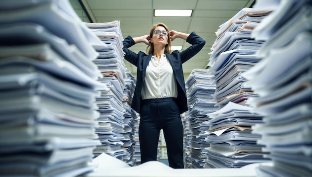 Photo a professional woman stands in a chaotic office surrounded by towering stacks of paperwork visibly stressed as she tries to collect her thoughts amidst the workload