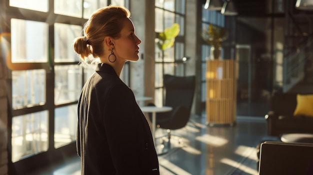 A professional woman stands in an elegant modern office bathed in warm sunlight radiating confidence and focus amidst a sophisticated workspace