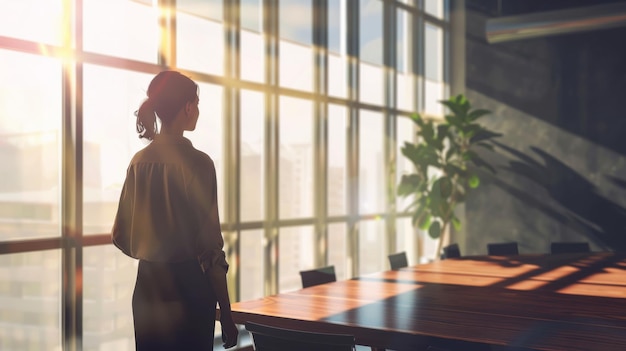 A professional woman stands in a sunlit modern conference room gazing thoughtfully out of the large window