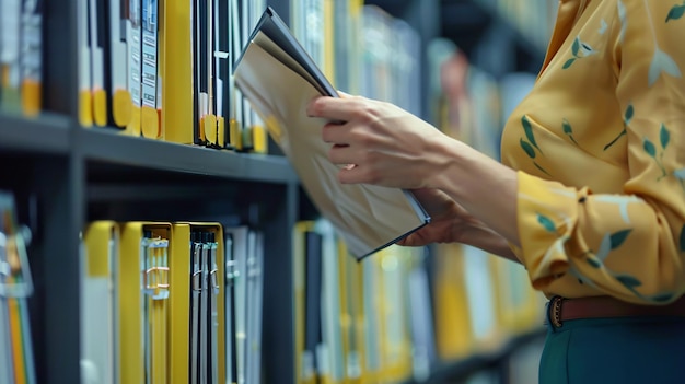 Professional Woman Taking Binder from Office Shelving Unit