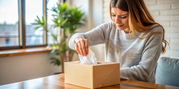 Photo professional woman taking tissue from box healthcare concept