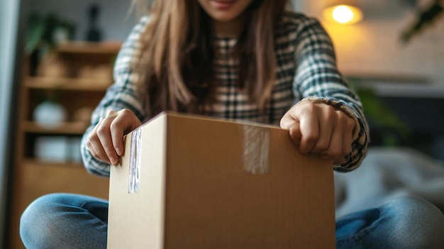 Photo professional woman unpacking parcel at home closeup