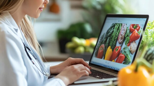 Photo professional woman using laptop for online nutrition consultation