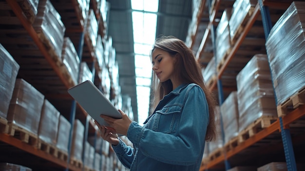 Photo professional woman using tablet in warehouse logistics center