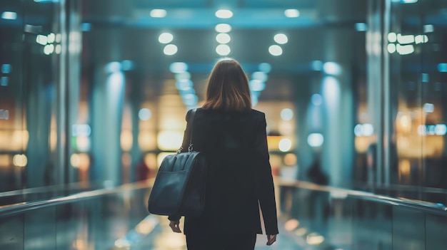 Professional woman walks through an airport with purpose and poise her silhouette against the bright terminal lights