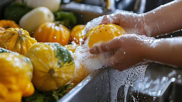 Photo professional woman washing pattypan squashes in closeup above sink