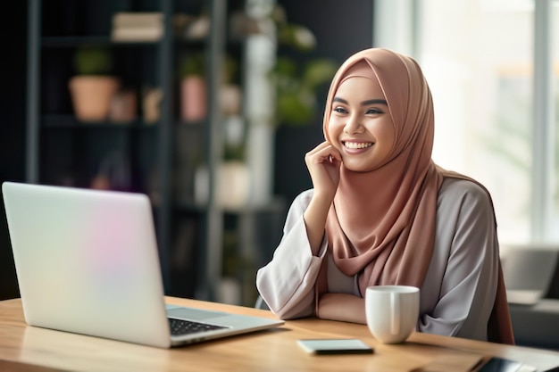 Professional Woman Wearing Hijab Seated at Cozy Home Office Desk with Laptop