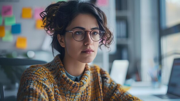 a professional woman in a welllit modern office setting wearing a cozy oversized turtleneck sweater