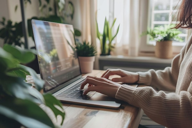 Photo professional woman working from home modern and comfortable remote workspace setup