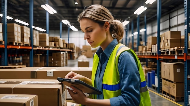 Photo professional woman working in warehouse standing checking supplies on his tablet export import data