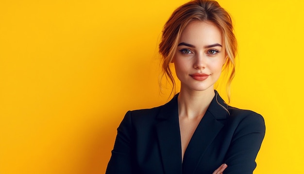 Photo a professional women wearing formal dress looking at camera on yellow background