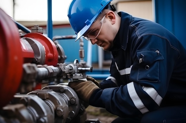 Professional worker in oil and gas plant conducts pump maintenance