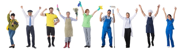 Professional workers with raised arms