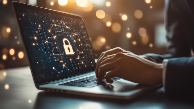 Photo a professional working on a laptop with a digital security lock symbol displayed emphasizing cybersecurity efforts in a modern office setting