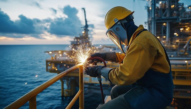 Photo a a professional working with welding on the offshore platform