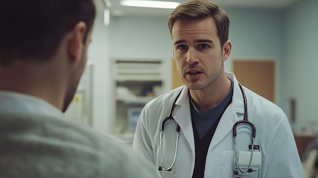 Photo professional young doctor communicating with patient in hospital