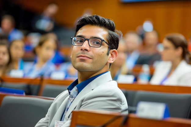 Professional Young Man in Glasses Attending Conference Focused Attendee in Seminar Hall