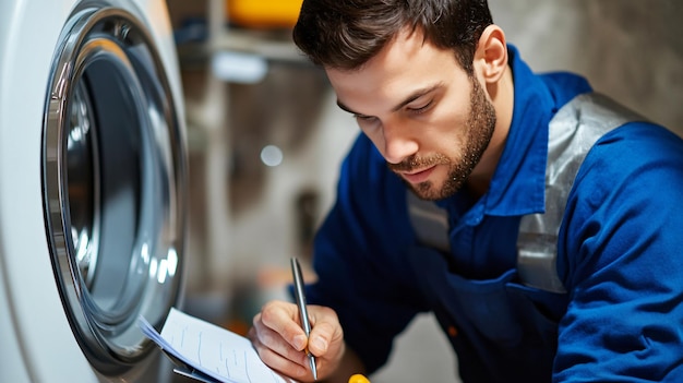 Photo professional young plumber recording washing machine examination results