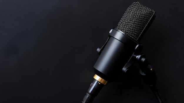 A professionalgrade sound recording microphone is featured against a black background