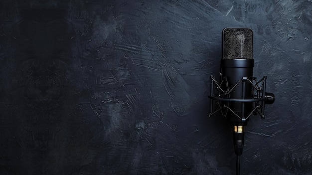 A professionalgrade sound recording microphone is featured against a black background