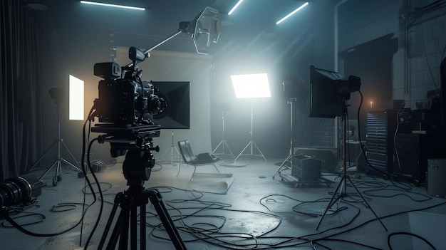 A professionally equipped photo studio with various lighting setups cameras and a chair enveloped in a soft moody ambiance