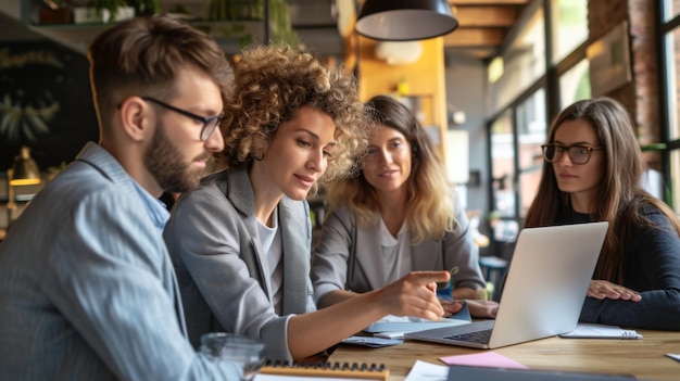 Professionals are smiling and engaging in a discussion around a laptop at a bright modern office table