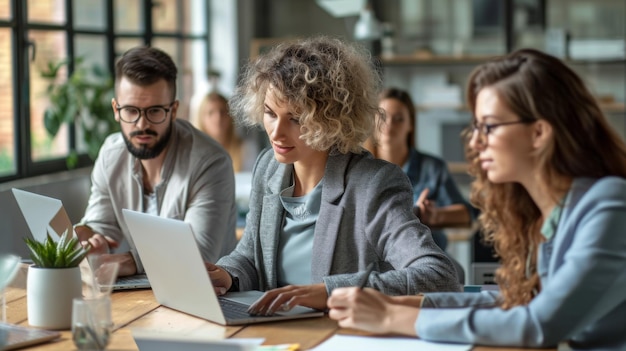 Professionals are smiling and engaging in a discussion around a laptop at a bright modern office table