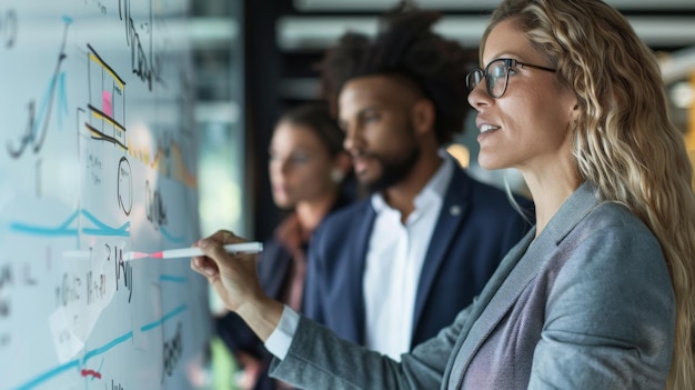 Professionals Collaborating on a Business Strategy Whiteboard in an Office Setting