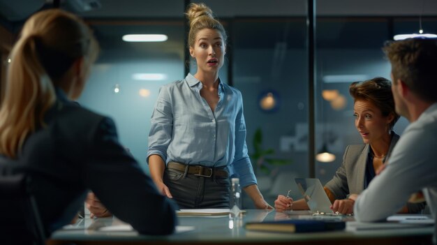 Professionals engage in a discussion during a meeting in a modern office environment