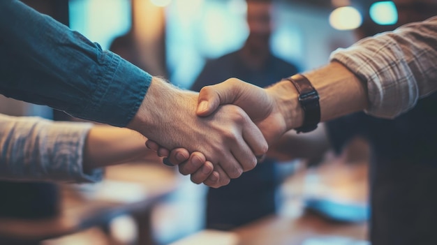 Photo professionals engaging in a firm handshake during a business meeting in a modern office setting fostering collaboration and partnerships