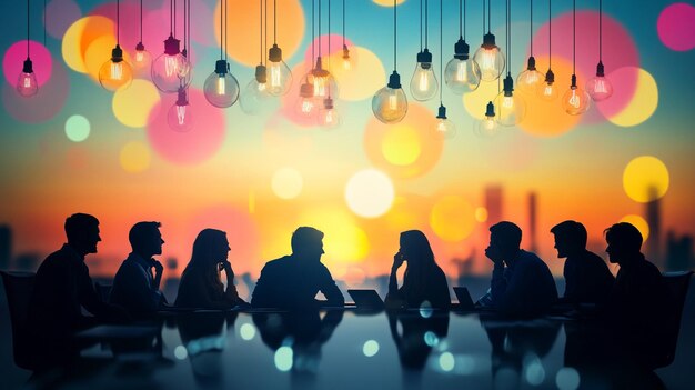 Photo professionals gather around a table engaged in a lively discussion as the sun sets