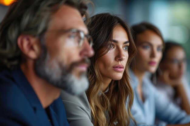 Professionals in a portrait are listening to talk about an office meeting that involves a copy space Generative AI