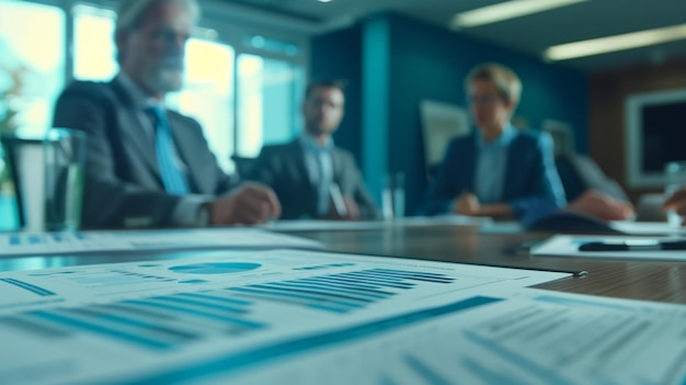 Professionals in a stylish conference room discussing business with charts and graphs on the table