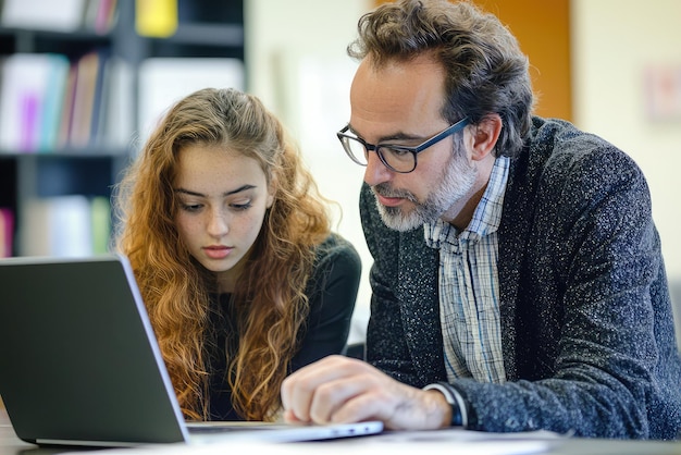 Photo a professor conducting one on one tutorial with student focusing on laptop atmosphere is engaging and educational highlighting importance of personalized learning