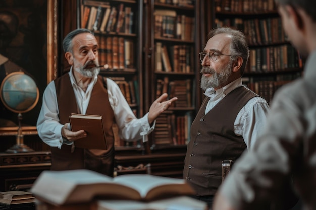 Photo a professor lectures to a student in a library setting surrounded by bookshelves a professor discussing a historical event