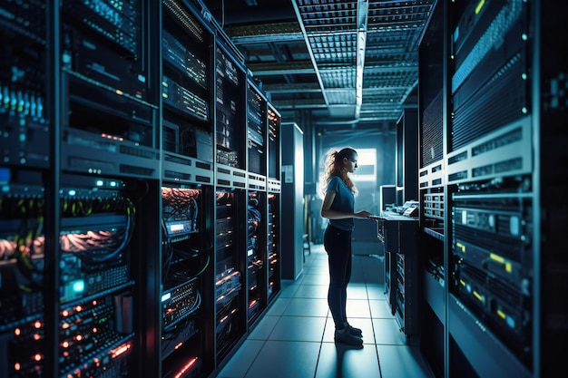 A proficient network engineer ensuring seamless performance while attending to complex systems in a modern server room