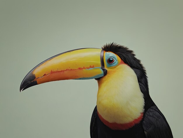 Photo profile of colorful toucan with soft green background