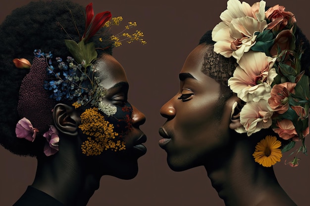 Profile of a couple with their faces together and surrounded by flowers on a black background Relationship and love concept Generative AI