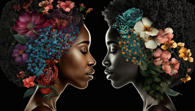 Profile of a couple with their faces together and surrounded by flowers on a black background Relationship and love concept Generative AI