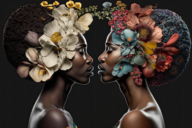 Profile of a couple with their faces together and surrounded by flowers on a black background Relationship and love concept Generative AI