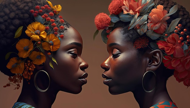 Profile of a couple with their faces together and surrounded by flowers on a black background Relationship and love concept Generative AI