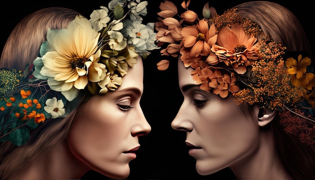 Profile of a couple with their faces together and surrounded by flowers on a black background Relationship and love concept Generative AI