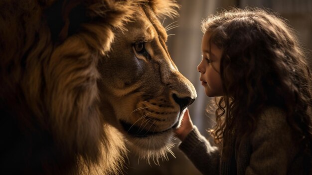 Profile of A Fearless Young Female Child Gently Touching The Face of A Very Large Lion Generative AI