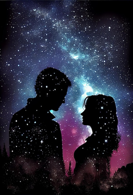 A profile of guy and a girl silhouettes stand against the background of a starry sky