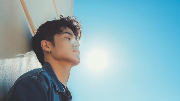 Profile headshot of young korean model looking stylish man leaning on the street wall on sunny day