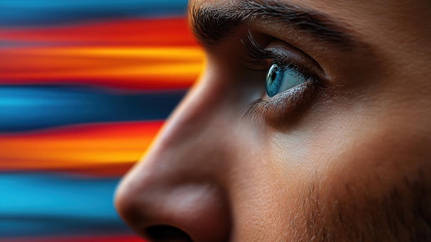 Photo profile of a human eye in sharp focus with a colorful motionblurred background suggesting focus and determination