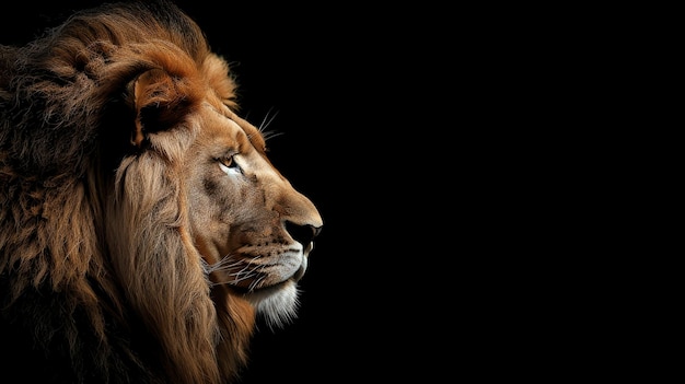 Profile of a lion with a mane against a black background