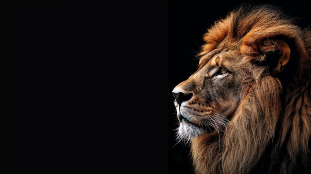 Profile of a lion with a mane against a black background